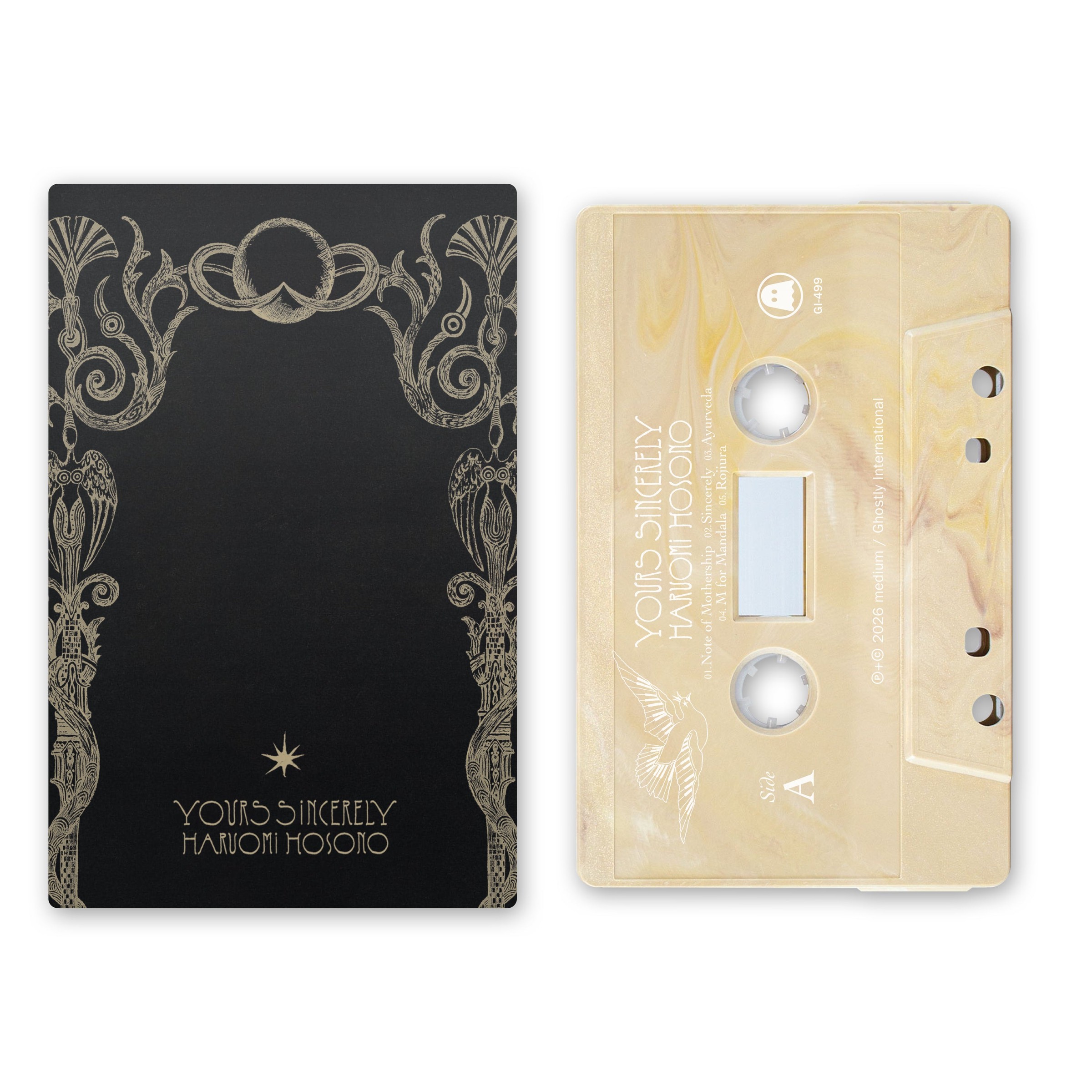 La edición en casete de ‘Yours Sincerely’: estuche negro y cinta dorada jaspeada — Ghostly International