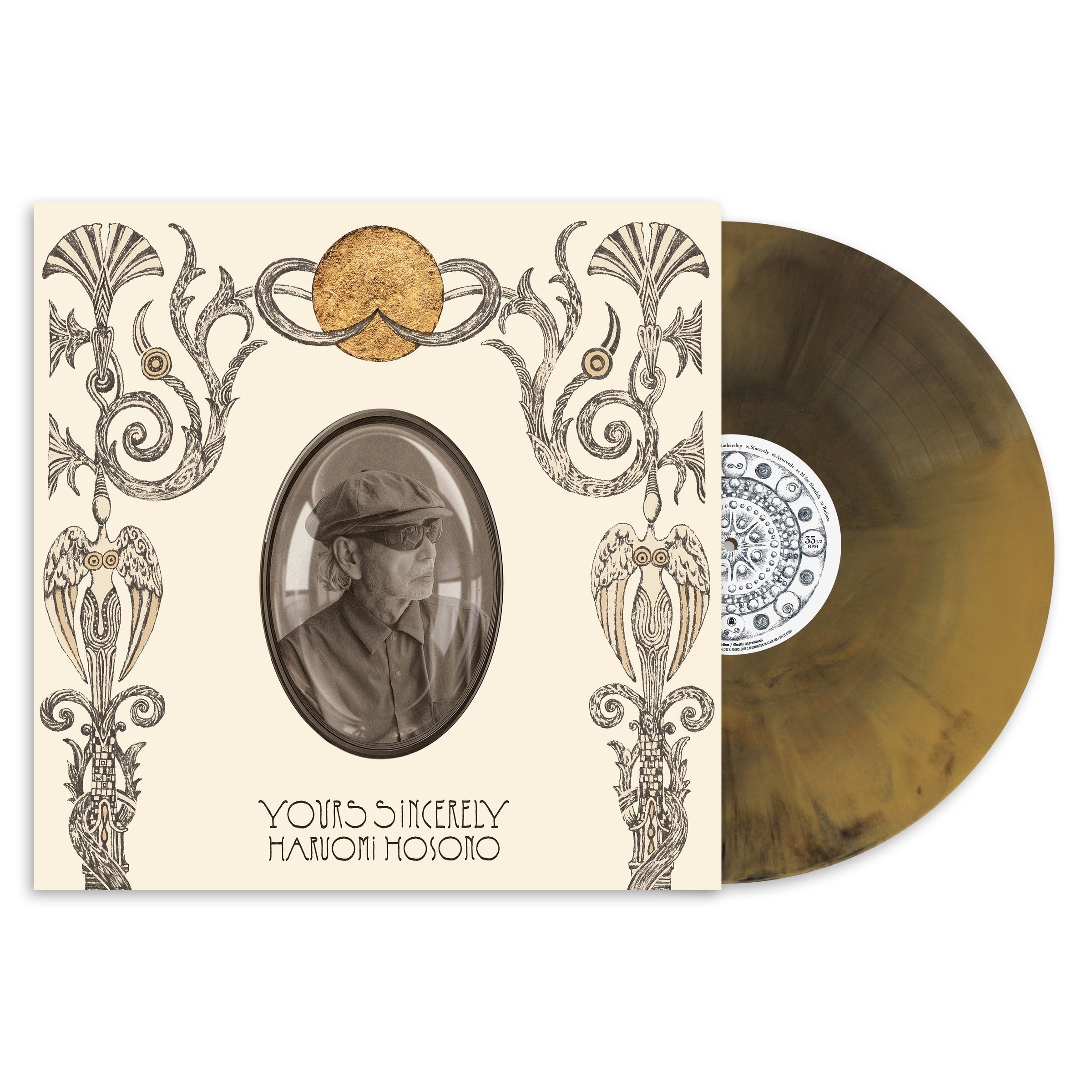 La edición en vinilo dorado jaspeado de ‘Yours Sincerely’ junto a su portada — Ghostly International