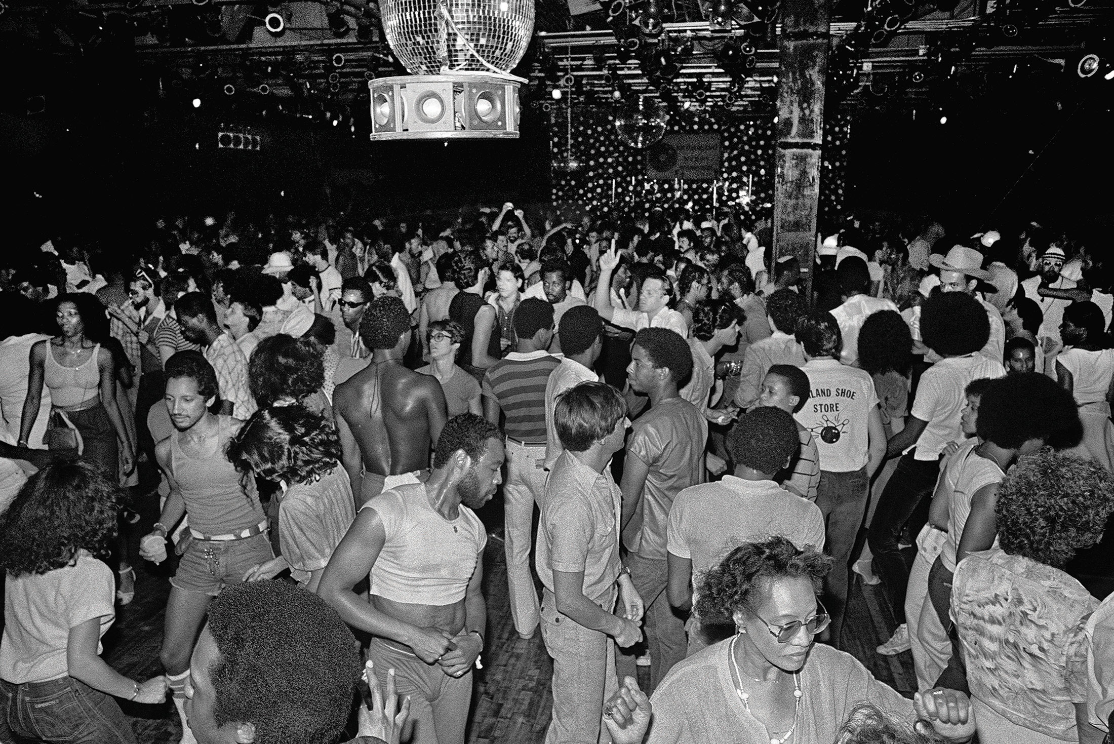 The Paradise Garage dance floor beneath mirror balls, 1979