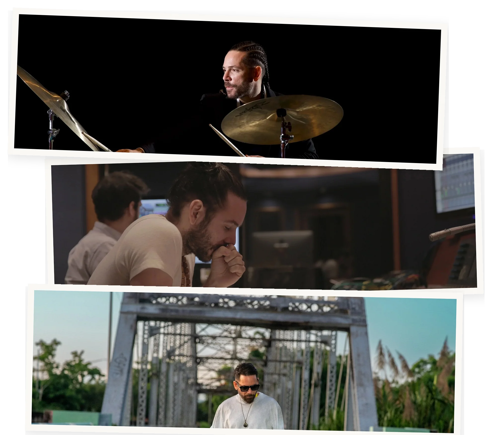 Tres tiras de fotos de Henry Cole: en la batería con un set verde azulado, en la consola de un estudio y caminando por un puente de acero en Puerto Rico