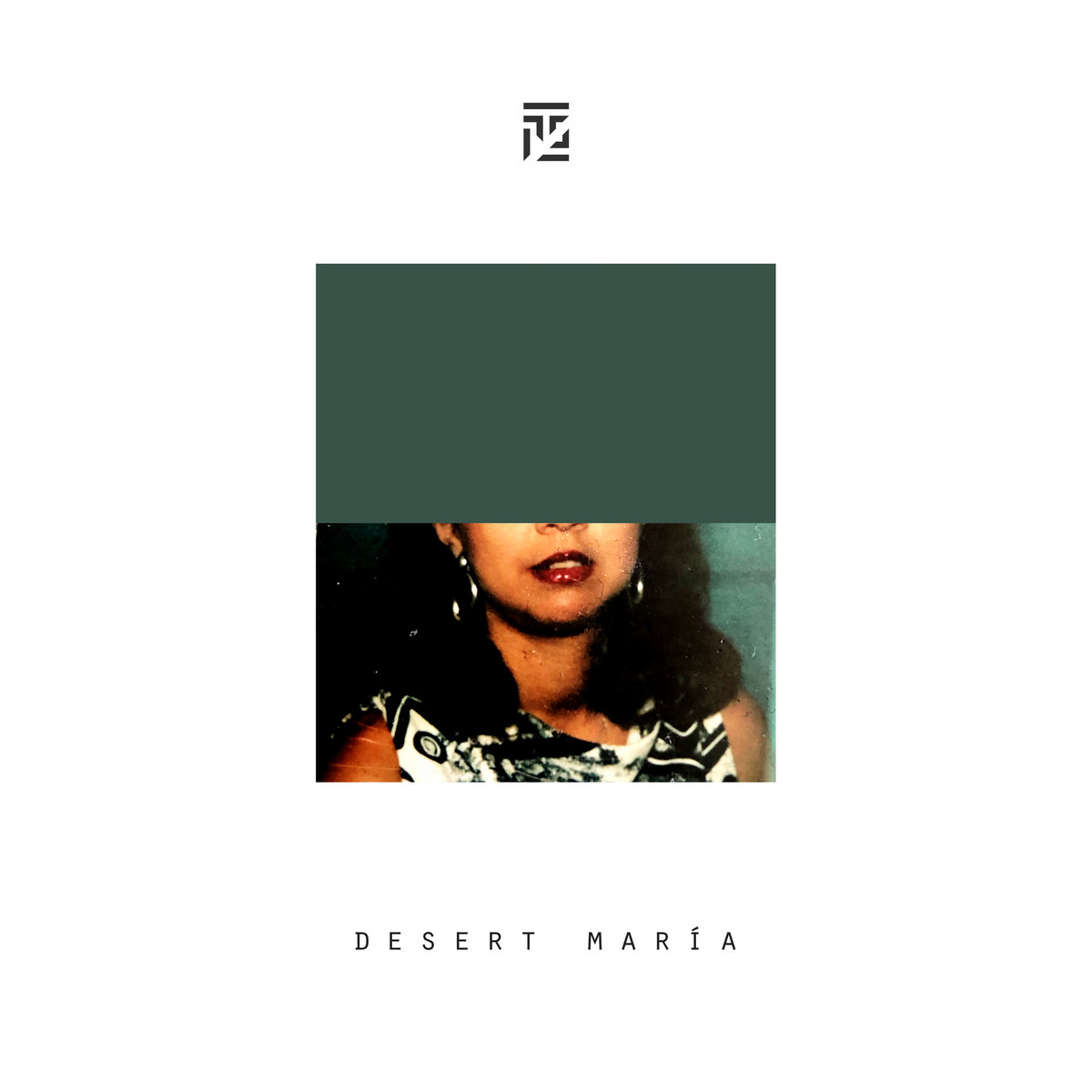 The ‘Desert María’ album cover: a found portrait of a woman, her eyes covered by a dark green block, on white