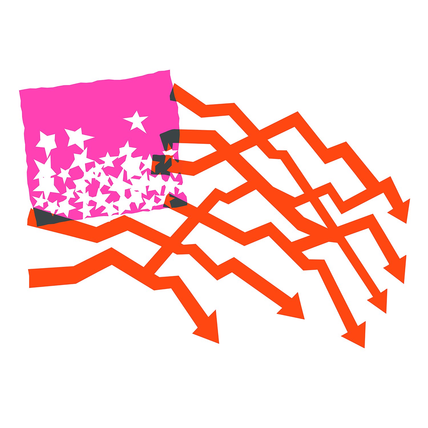 The ‘ZIRP!’ album cover: a hot-pink fractured star field and vermilion arrow stripes on white