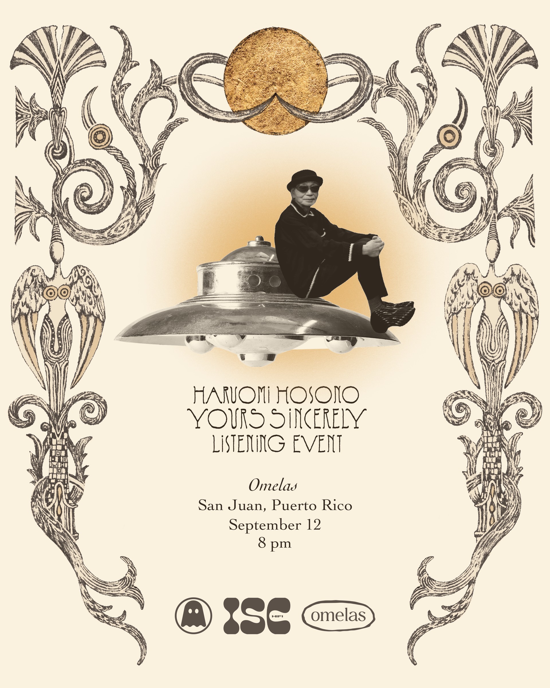 Cartel oficial del evento de escucha de ‘Yours Sincerely’: Haruomi Hosono sentado sobre un platillo volador entre ornamentos art nouveau — Ghostly International e In Sheep’s Clothing hi-fi